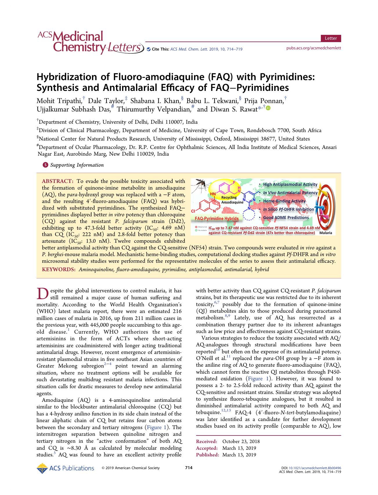 Hybridization of Fluoro-amodiaquine (FAQ) with Pyrimidines: Synthesis and Antimalarial Efficacy of FAQâPyrimidines by unknow