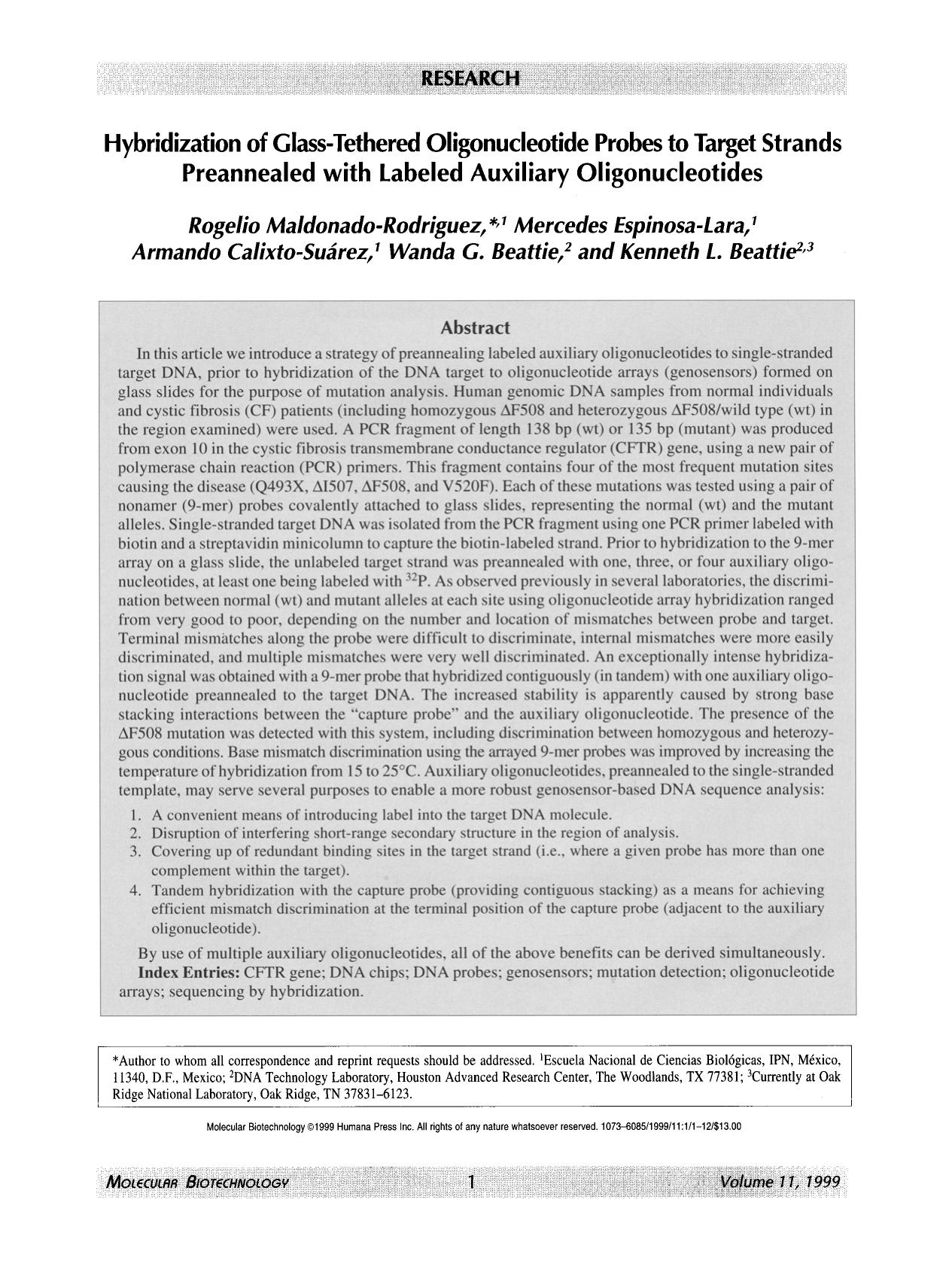 Hybridization of glass-tethered oligonucleotide probes to target strands preannealed with labeled auxiliary oligonucleotides by Unknown