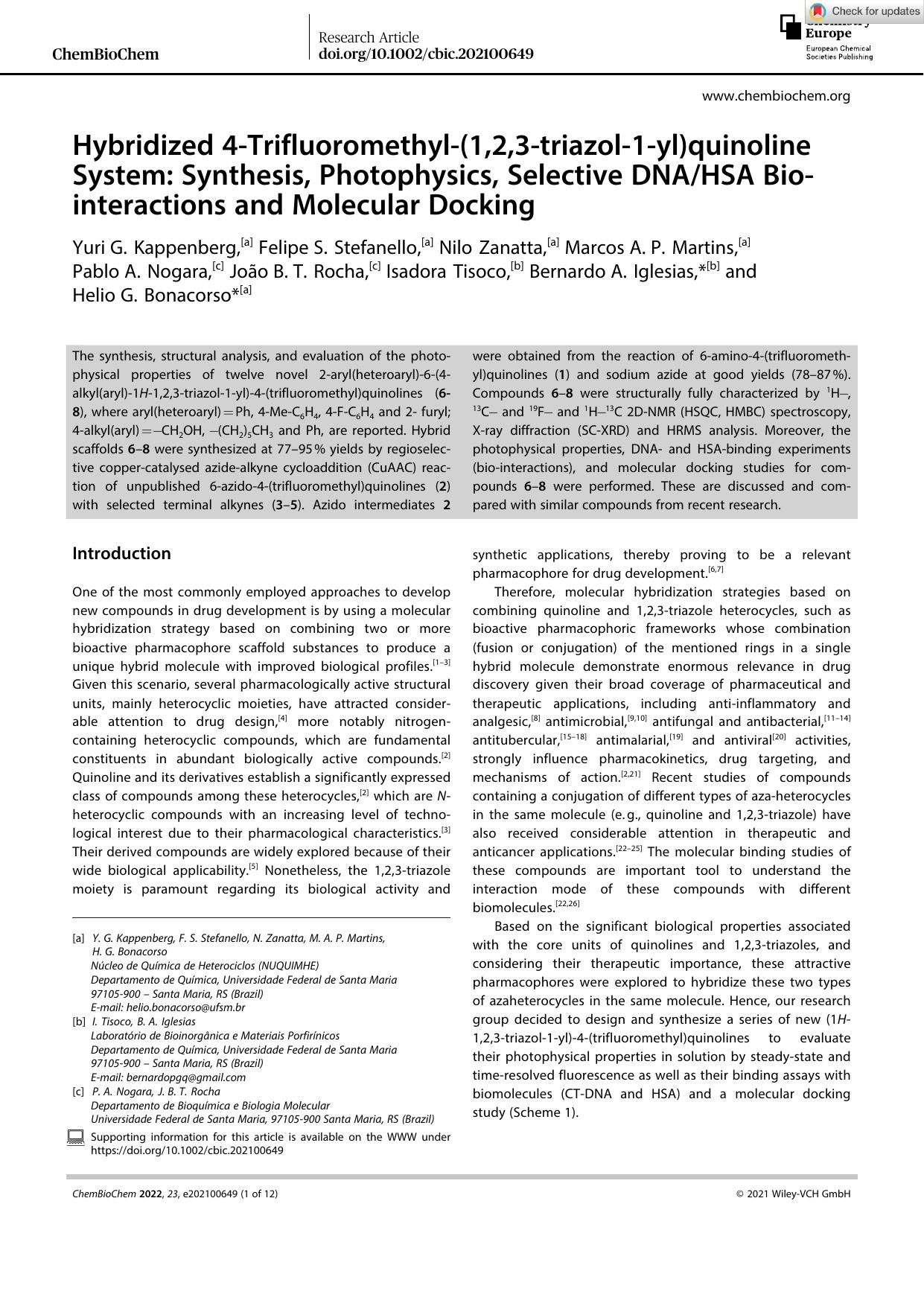Hybridized 4âTrifluoromethylâ(1,2,3âtriazolâ1âyl)quinoline System: Synthesis, Photophysics, Selective DNAHSA Bioâinteractions and Molecular Docking by Unknown