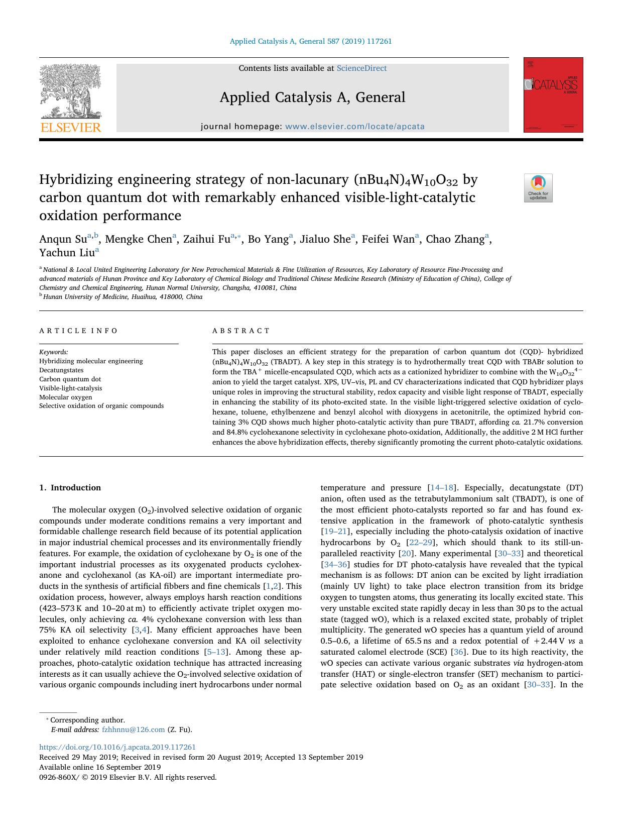Hybridizing engineering strategy of non-lacunary (nBu4N)4W10O32 by carbon quantum dot with remarkably enhanced visible-light-catalytic oxidation performance by Anqun Su & Mengke Chen & Zaihui Fu & Bo Yang & Jialuo She & Feifei Wan & Chao Zhang & Yachun Liu