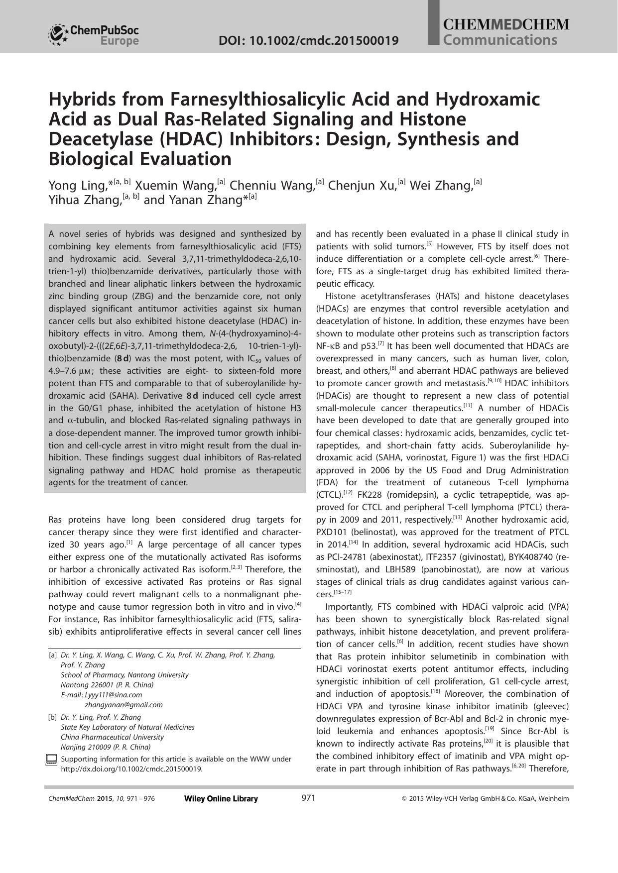 Hybrids from Farnesylthiosalicylic Acid and Hydroxamic Acid as Dual RasRelated Signaling and Histone Deacetylase (HDAC) Inhibitors: Design, Synthesis and Biological Evaluation by Unknown