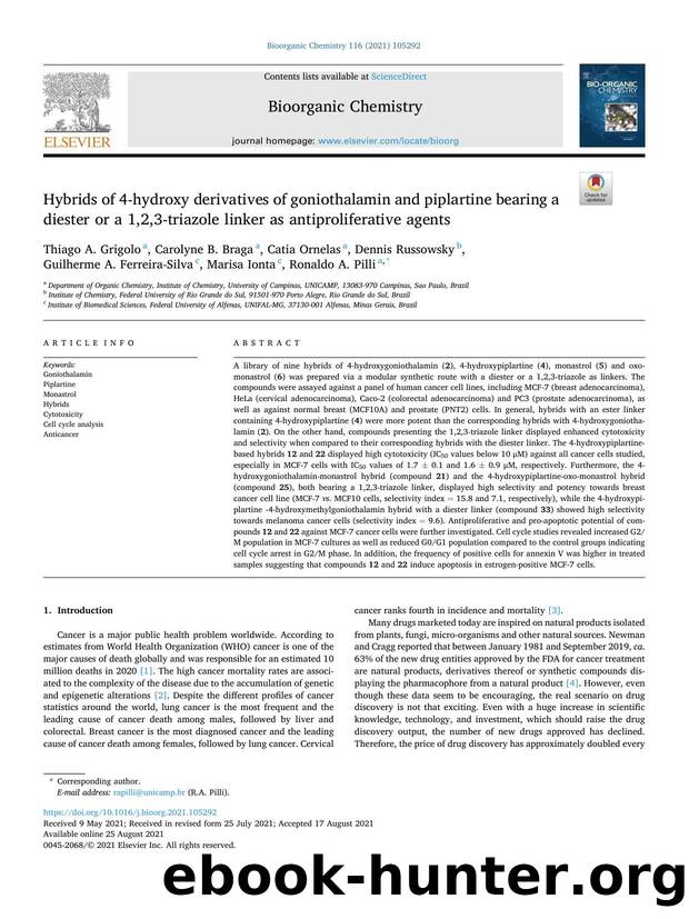 Hybrids of 4-hydroxy derivatives of goniothalamin and piplartine bearing a diester or a 1,2,3-triazole linker as antiproliferative agents by unknow
