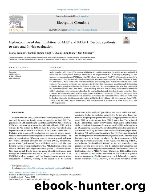 Hydantoin based dual inhibitors of ALR2 and PARP-1: Design, synthesis, in-vitro and in-vivo evaluation by Manoj Kumar & Pankaj Kumar Singh & Shalki Choudhary & Om Silakari