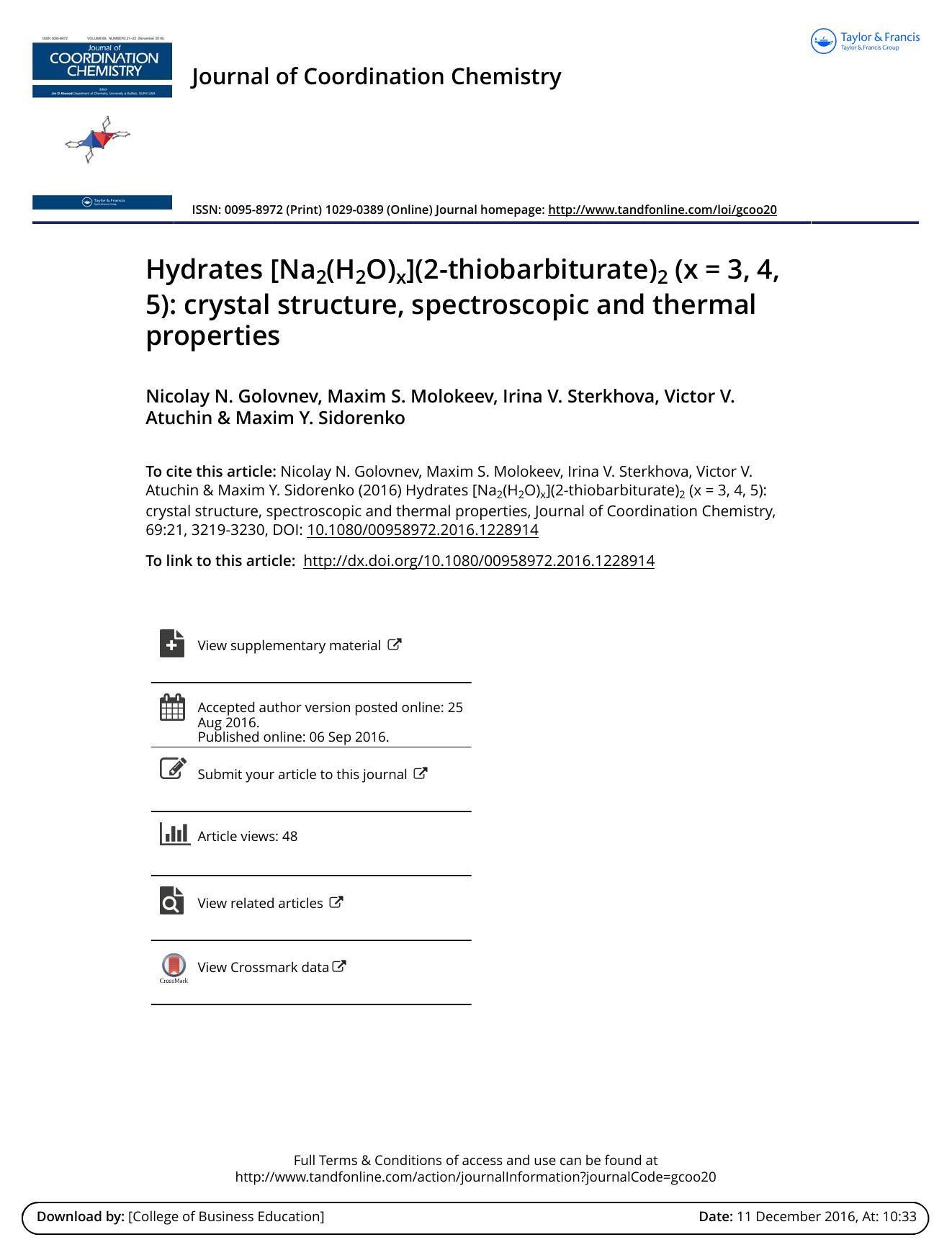 Hydrates [Na2(H2O)x](2-thiobarbiturate)2 (xÂ =Â 3, 4, 5): crystal structure, spectroscopic and thermal properties by unknow