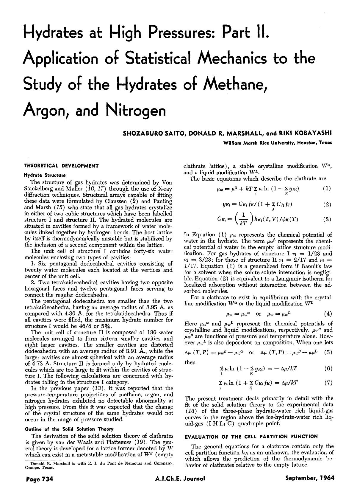 Hydrates at high pressures: Part II. Application of statistical mechanics to the study of the hydrates of methane, argon, and nitrogen by Unknown