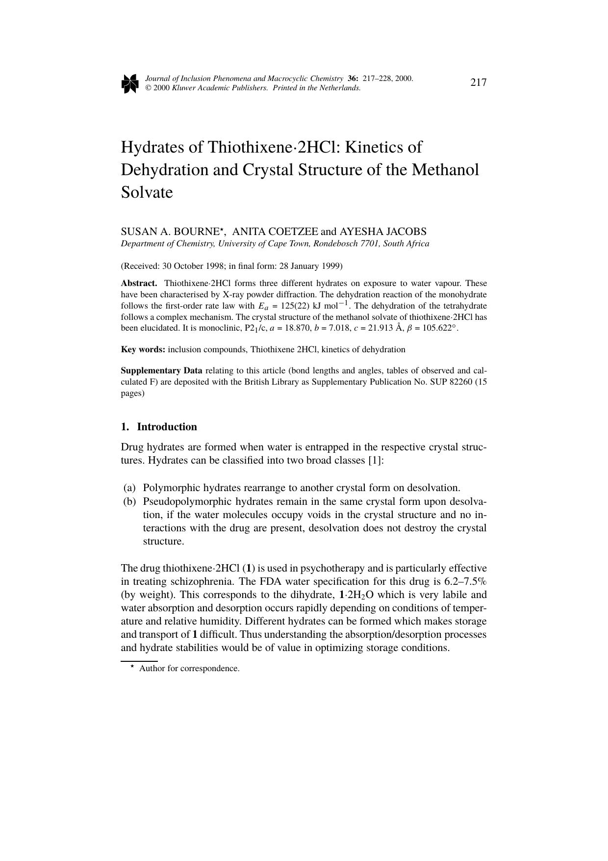 Hydrates of Thiothixeneβ2HCl: Kinetics of Dehydration and Crystal Structure of the Methanol Solvate by Unknown
