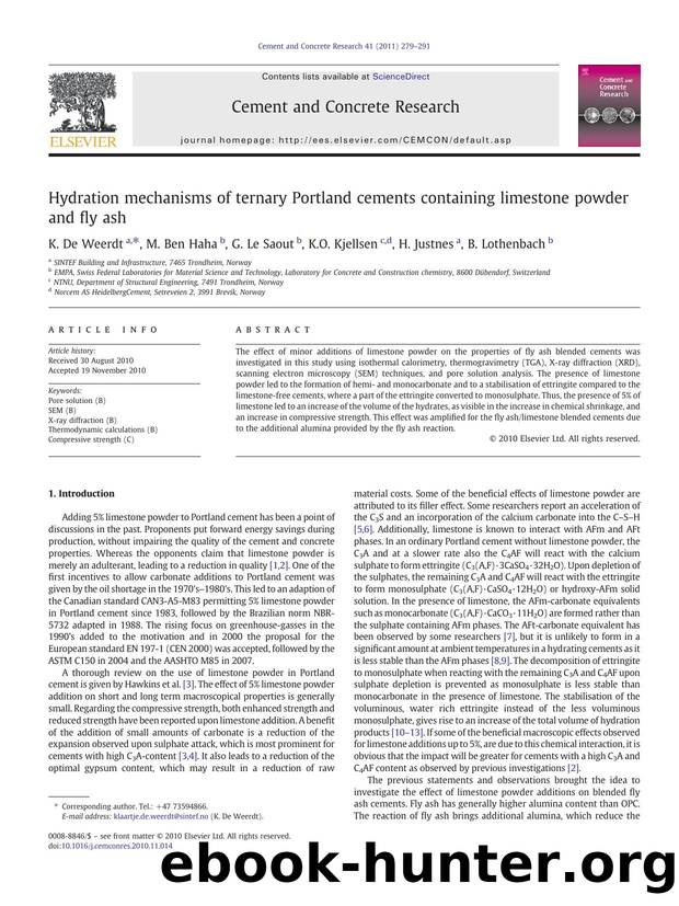Hydration mechanisms of ternary Portland cements containing limestone powder and fly ash by K. De Weerdt & M. Ben Haha & G. Le Saout & K.O. Kjellsen & H. Justnes & B. Lothenbach