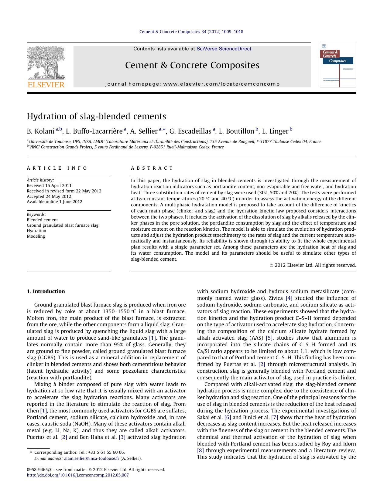 Hydration of slag-blended cements by B. Kolani & L. Buffo-Lacarrière & A. Sellier & G. Escadeillas & L. Boutillon & L. Linger