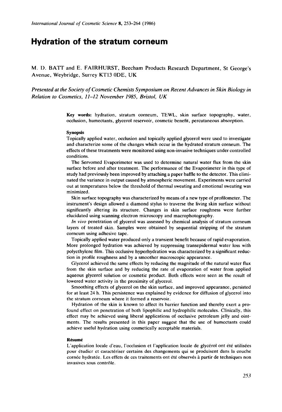 Hydration of the stratum corneum by Unknown