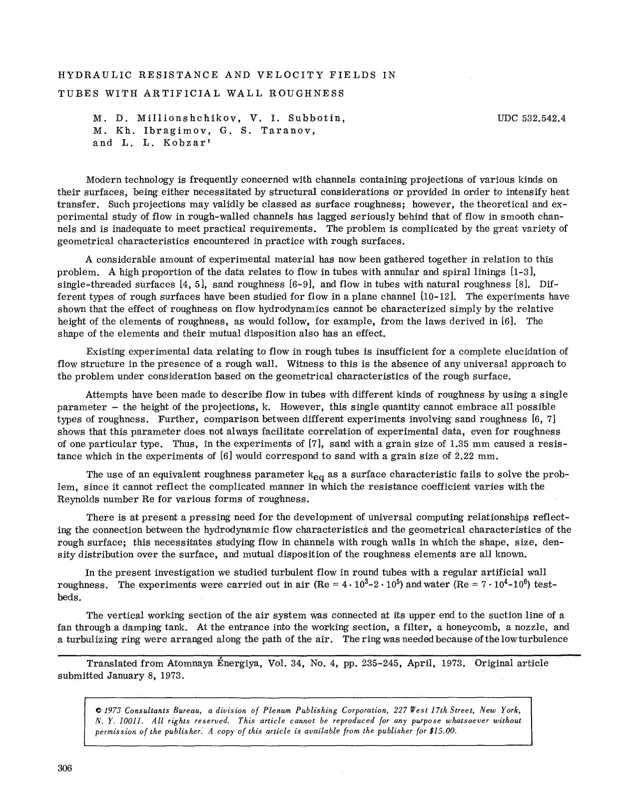 Hydraulic resistance and velocity fields in tubes with artificial wall roughness by Unknown
