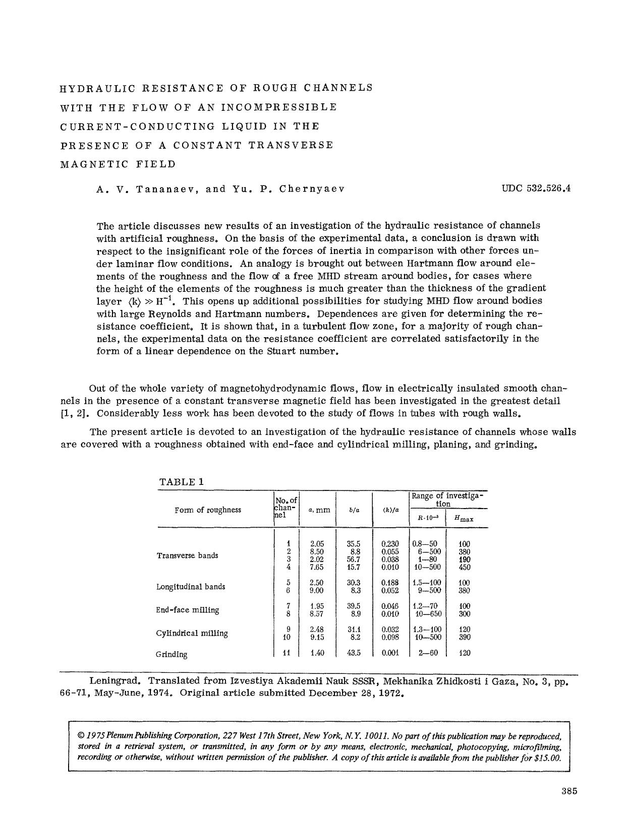 Hydraulic resistance of rough channels with the flow of an incompressible current-conducting liquid in the presence of a constant transverse magnetic field by Unknown