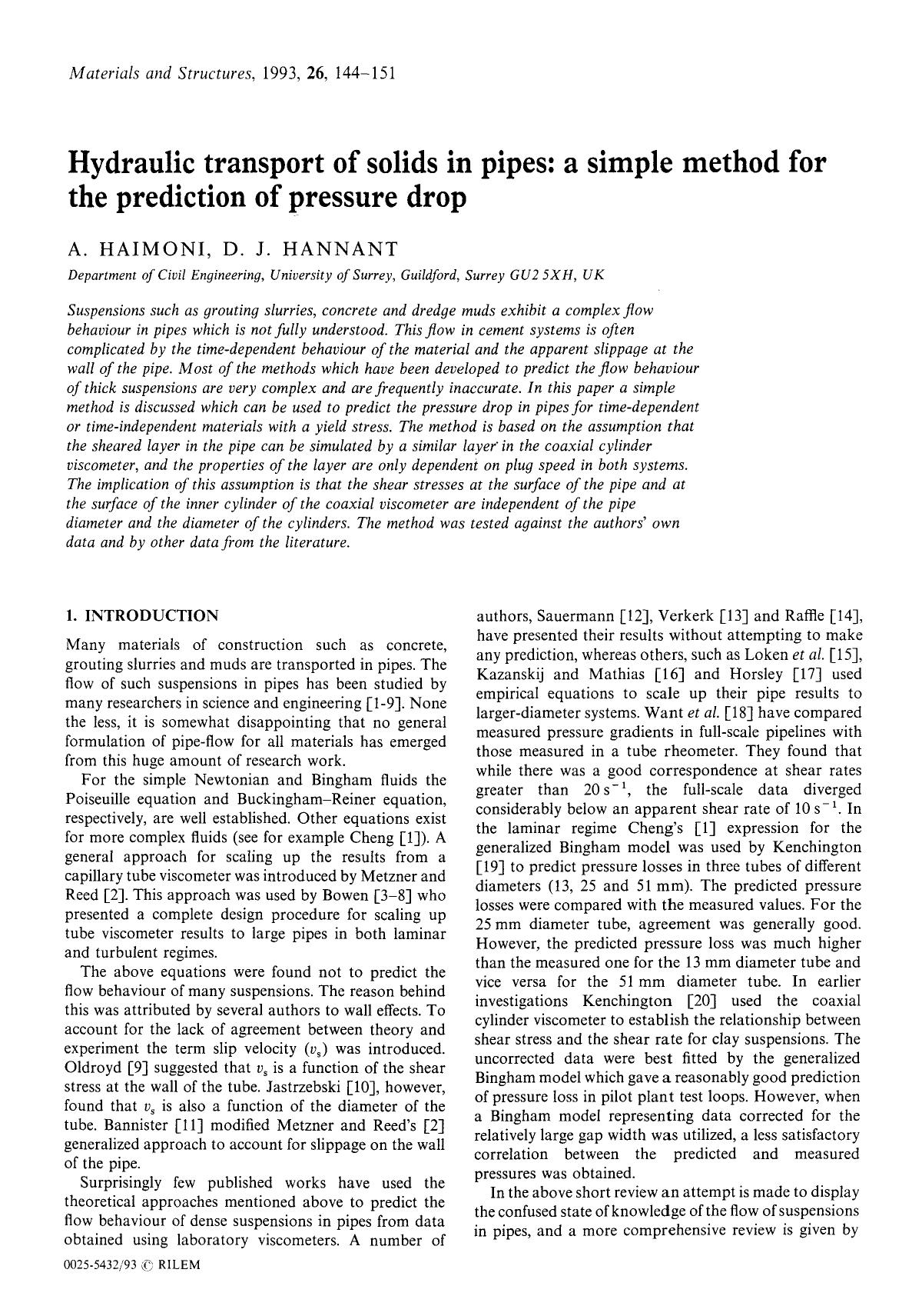 Hydraulic transport of solids in pipes: a simple method for the prediction of pressure drop by Unknown
