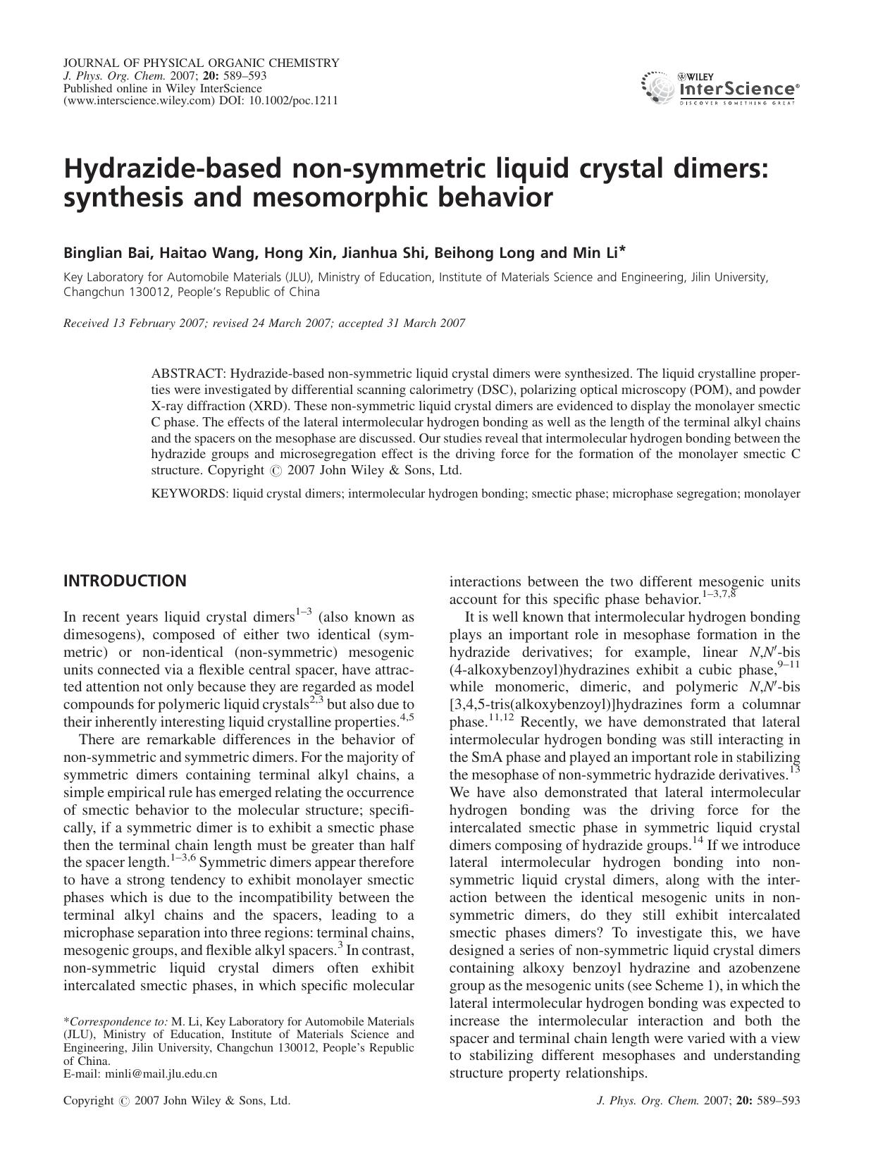 Hydrazide-based non-symmetric liquid crystal dimers: synthesis and mesomorphic behavior by Unknown
