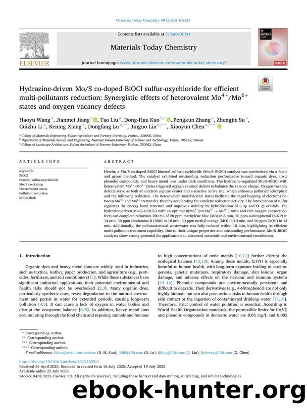 Hydrazine-driven MoS co-doped BiOCl sulfur-oxychloride for efficient multi-pollutants reduction: Synergistic effects of heterovalent Mo4+Mo6+ states and oxygen vacancy defects by unknow