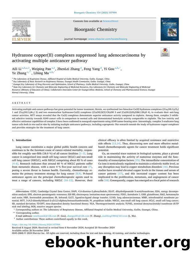 Hydrazone copper(II) complexes suppressed lung adenocarcinoma by activating multiple anticancer pathway by Aili Li & Weiping Pan & ZhenLei Zhang & Feng Yang & Yi Gou & Ye Zhang & Libing Ma