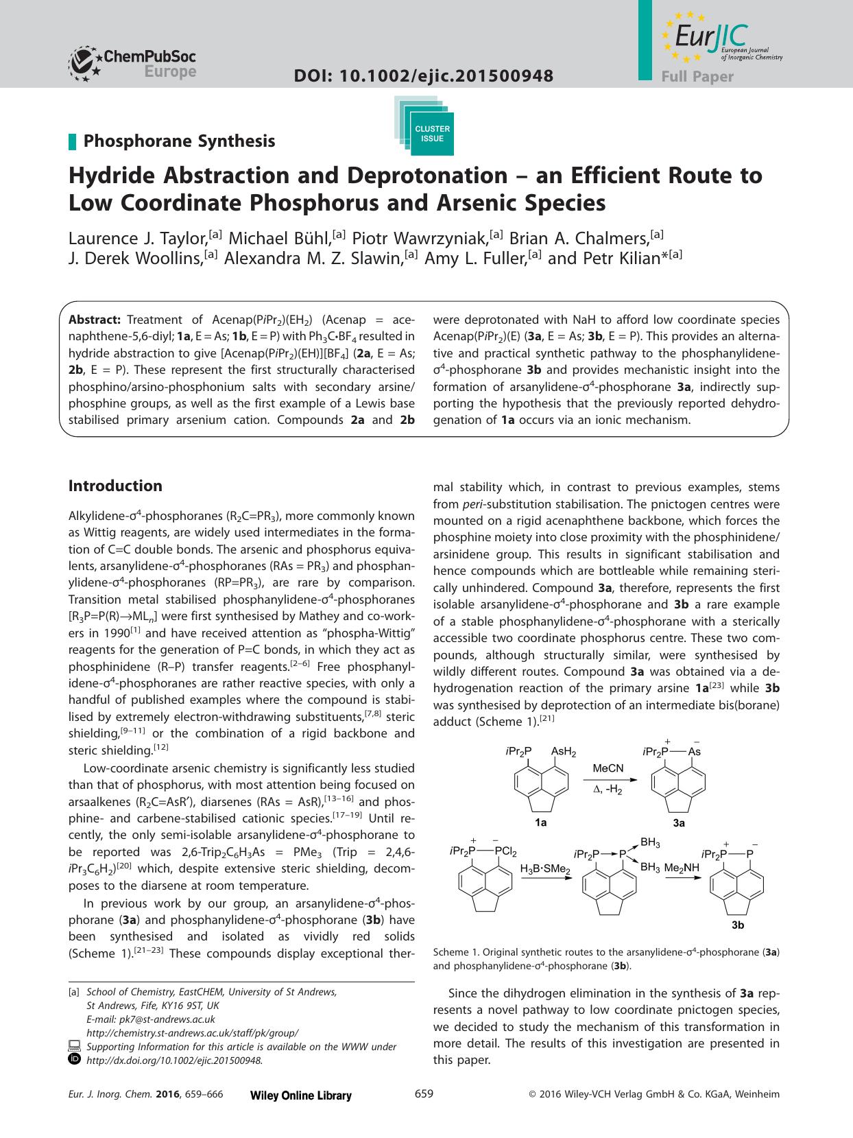 Hydride Abstraction and Deprotonation an Efficient Route to Low Coordinate Phosphorus and Arsenic Species by Unknown
