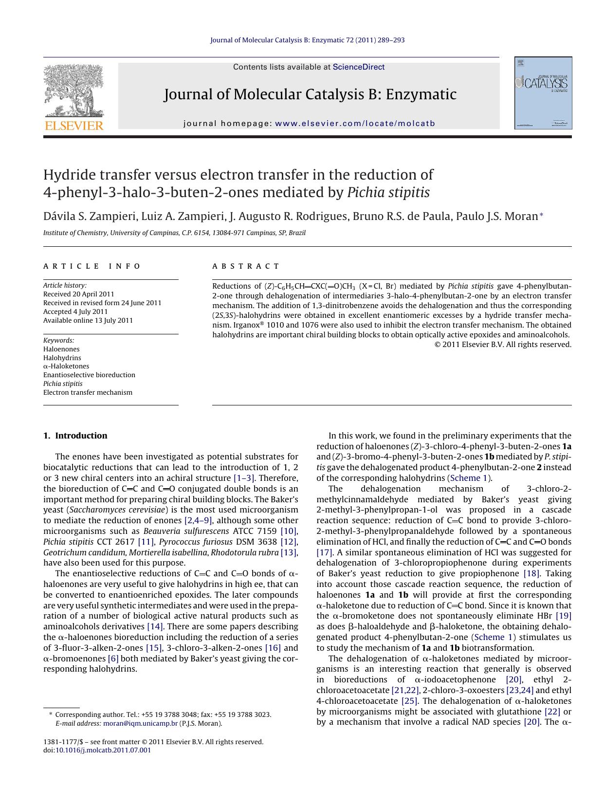 Hydride transfer versus electron transfer in the reduction of 4-phenyl-3-halo-3-buten-2-ones mediated by Pichia stipitis by DÃ¡vila S. Zampieri