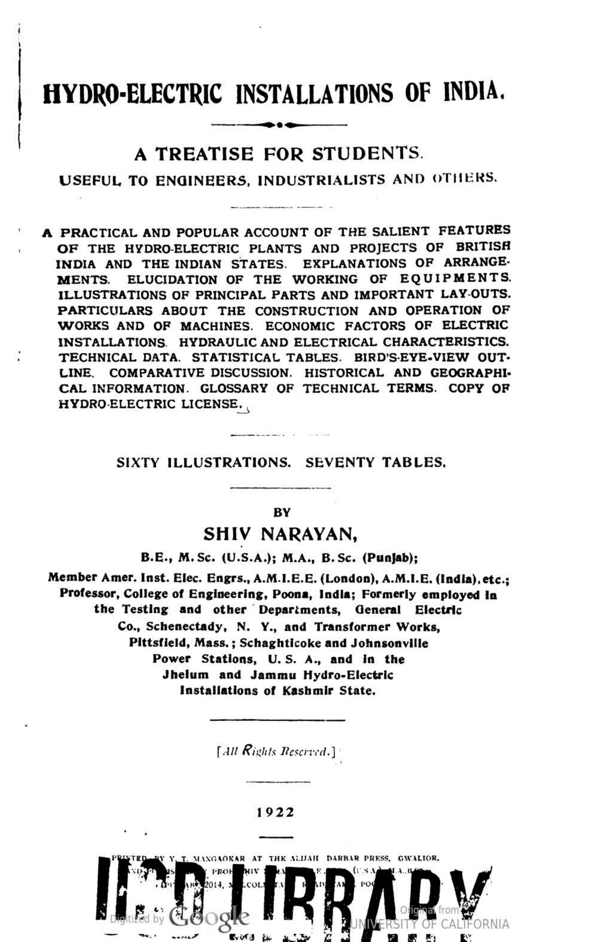 Hydro-electric Installations of India: A Treatise for Students, Useful to Engineers, Industrialists and Others by Shiv Narayan