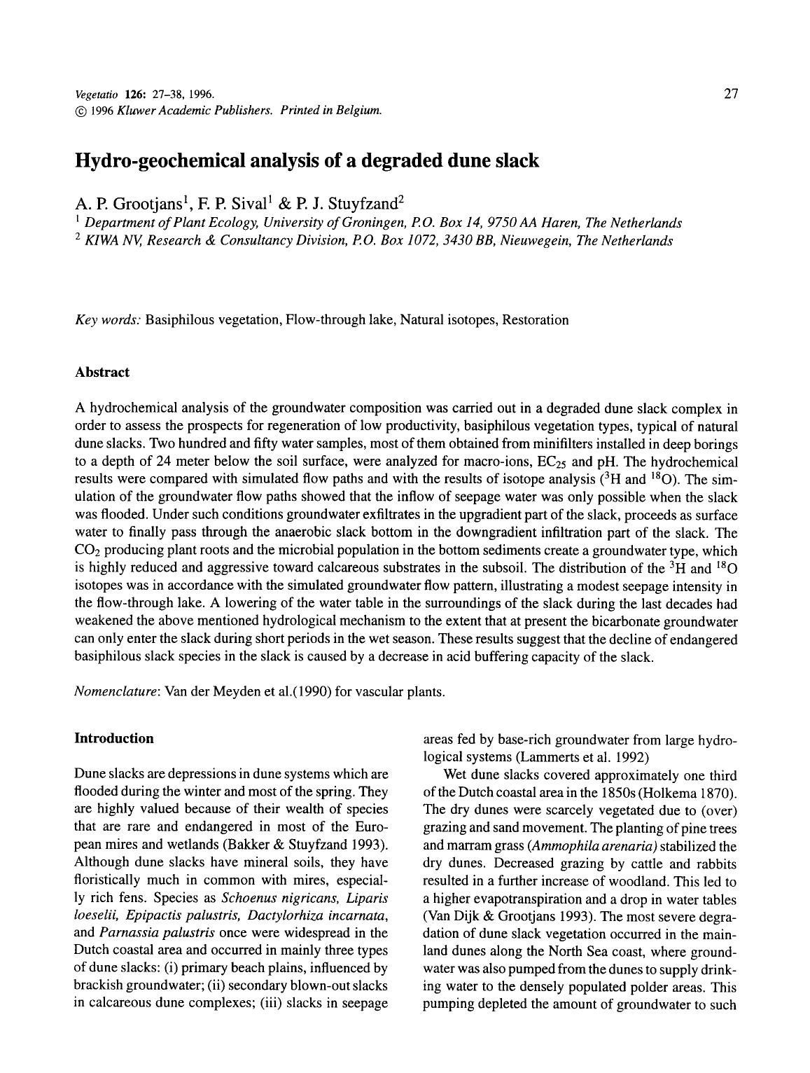 Hydro-geochemical analysis of a degraded dune slack by Unknown