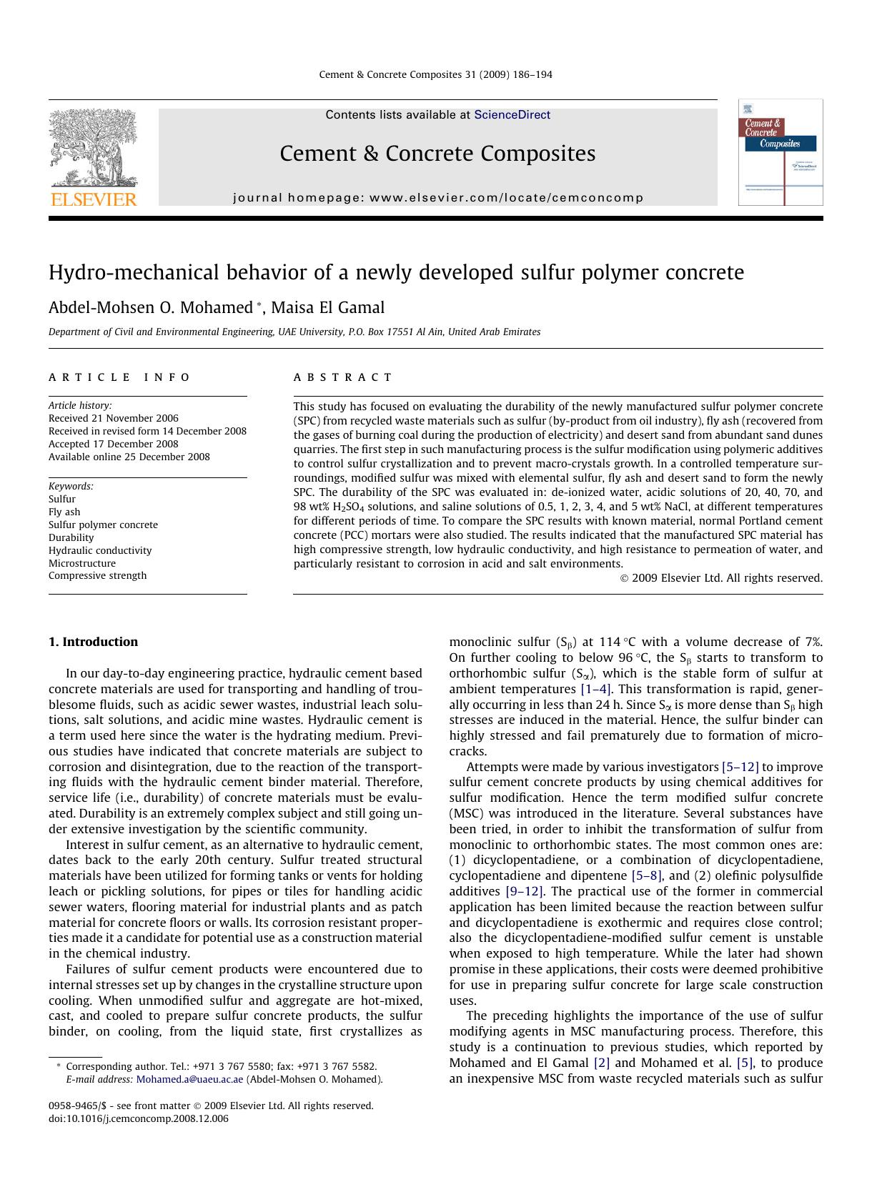 Hydro-mechanical behavior of a newly developed sulfur polymer concrete by Abdel-Mohsen O. Mohamed; Maisa El Gamal