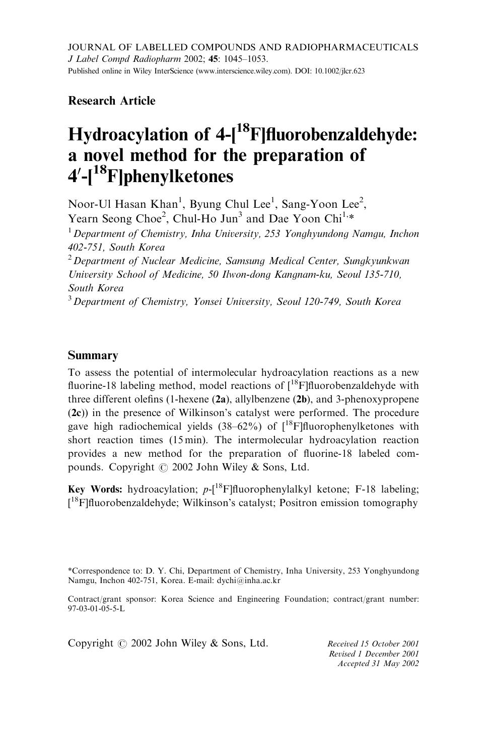 Hydroacylation of 4-[18F]fluorobenzaldehyde: a novel method for the preparation of 4[prime]-[18F]phenylketones by Unknown