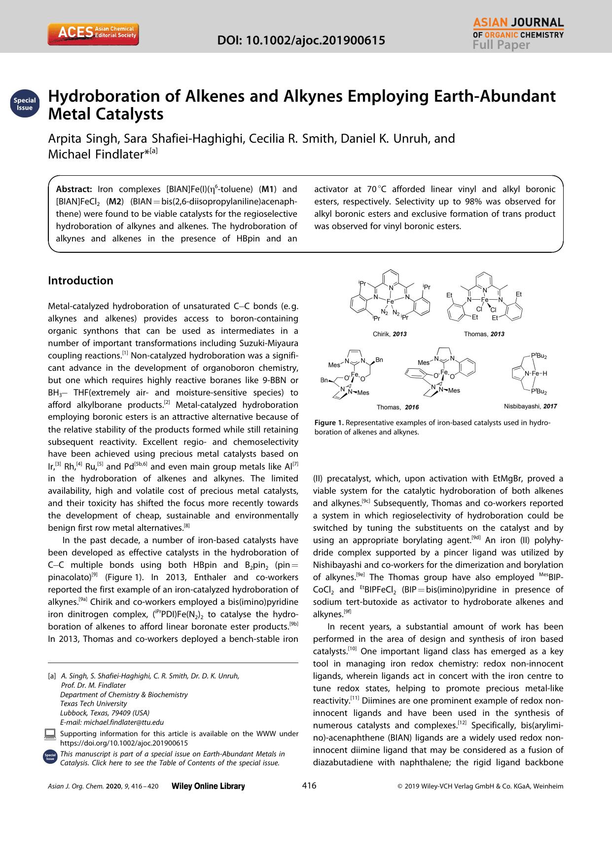 Hydroboration of Alkenes and Alkynes Employing EarthâAbundant Metal Catalysts by Unknown