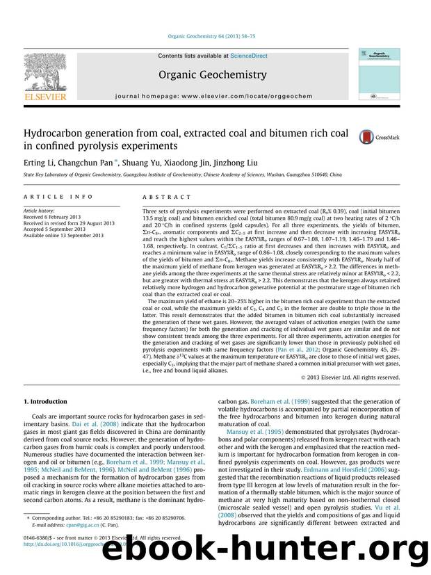 Hydrocarbon generation from coal, extracted coal and bitumen rich coal in confined pyrolysis experiments by Erting Li & Changchun Pan & Shuang Yu & Xiaodong Jin & Jinzhong Liu