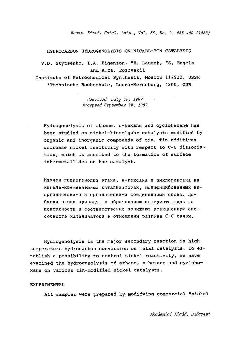 Hydrocarbon hydrogenolysis on nickel-tin catalysts by Unknown