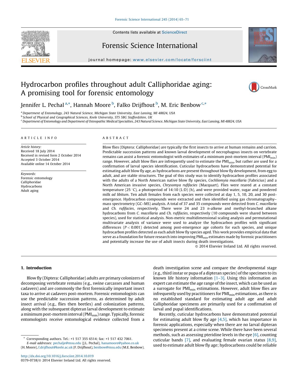 Hydrocarbon profiles throughout adult Calliphoridae aging: A promising tool for forensic entomology by Jennifer L. Pechal & Hannah Moore & Falko Drijfhout & M. Eric Benbow