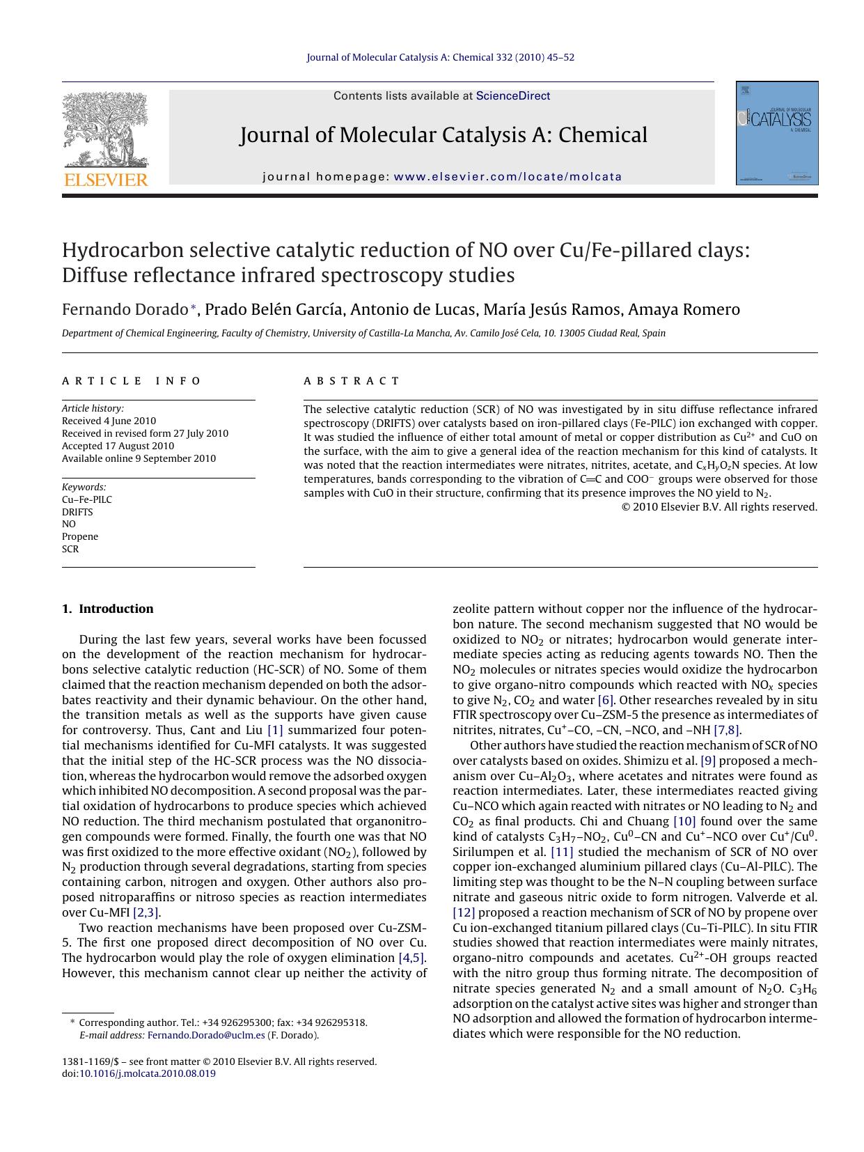 Hydrocarbon selective catalytic reduction of NO over CuFe-pillared clays: Diffuse reflectance infrared spectroscopy studies by Fernando Dorado
