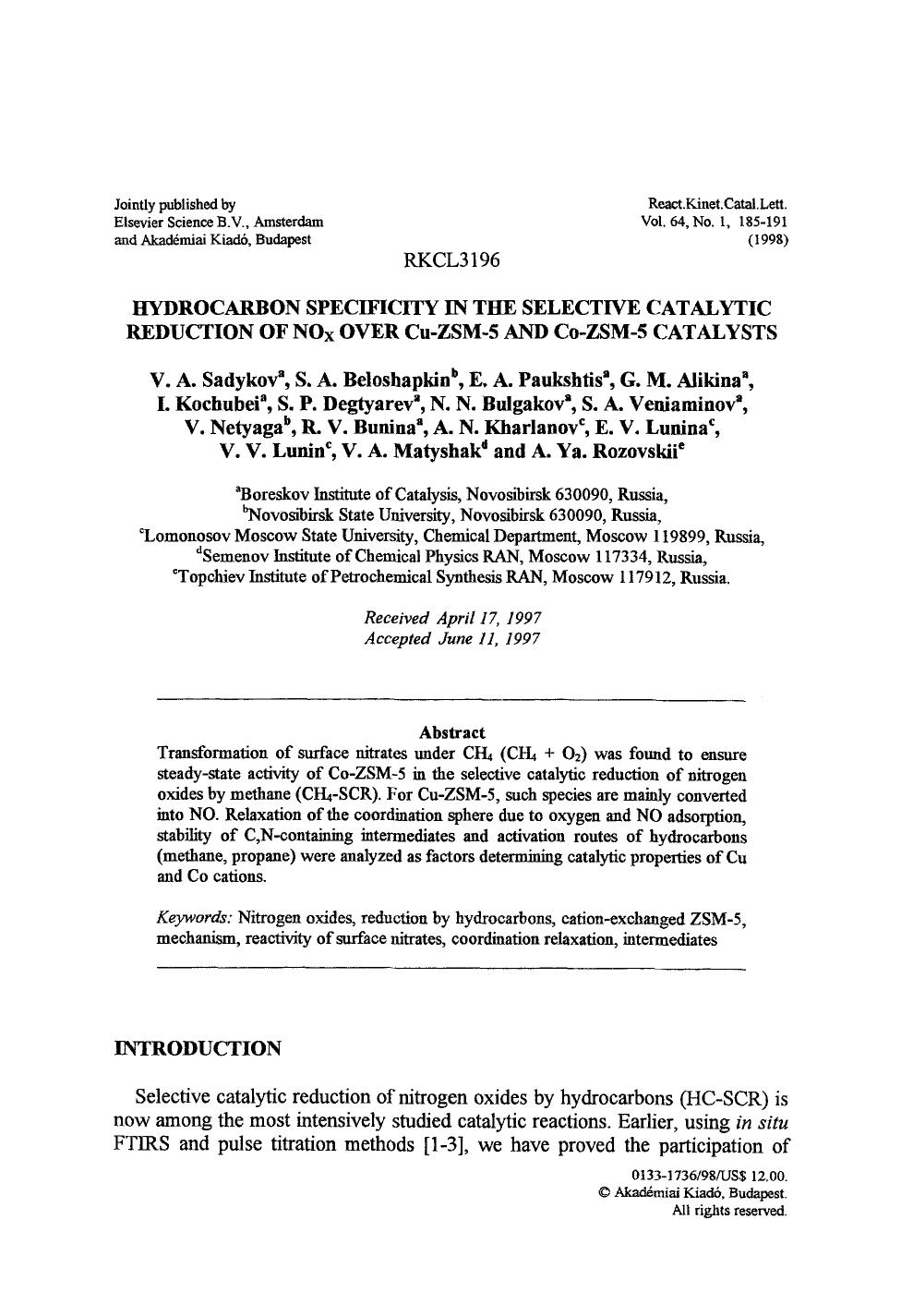 Hydrocarbon specificity in the selective catalytic reduction of NO <Subscript>x <Subscript> over Cu-ZSM-5 and Co-ZSM-5 catalysts by Unknown