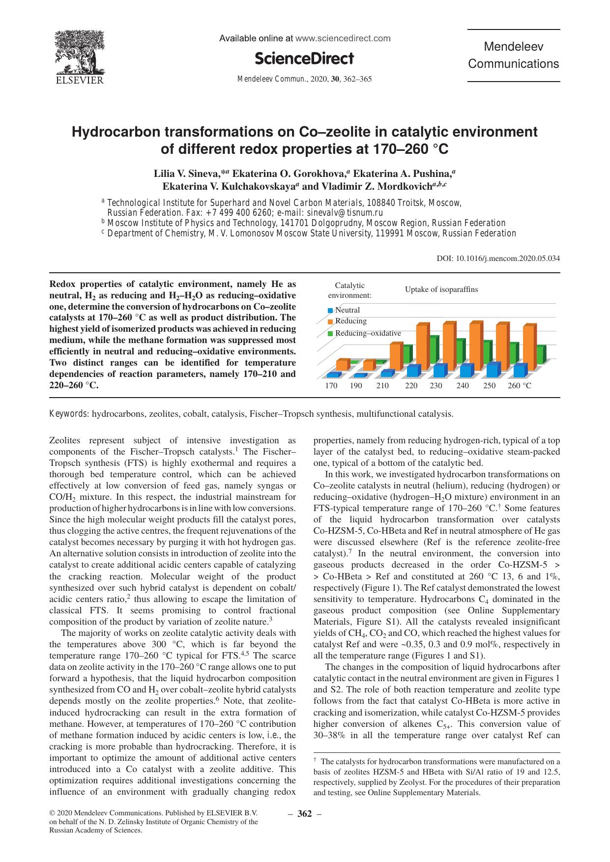 Hydrocarbon transformations on Coâzeolite in catalytic environment of different redox properties at 170â260Â°C by unknow