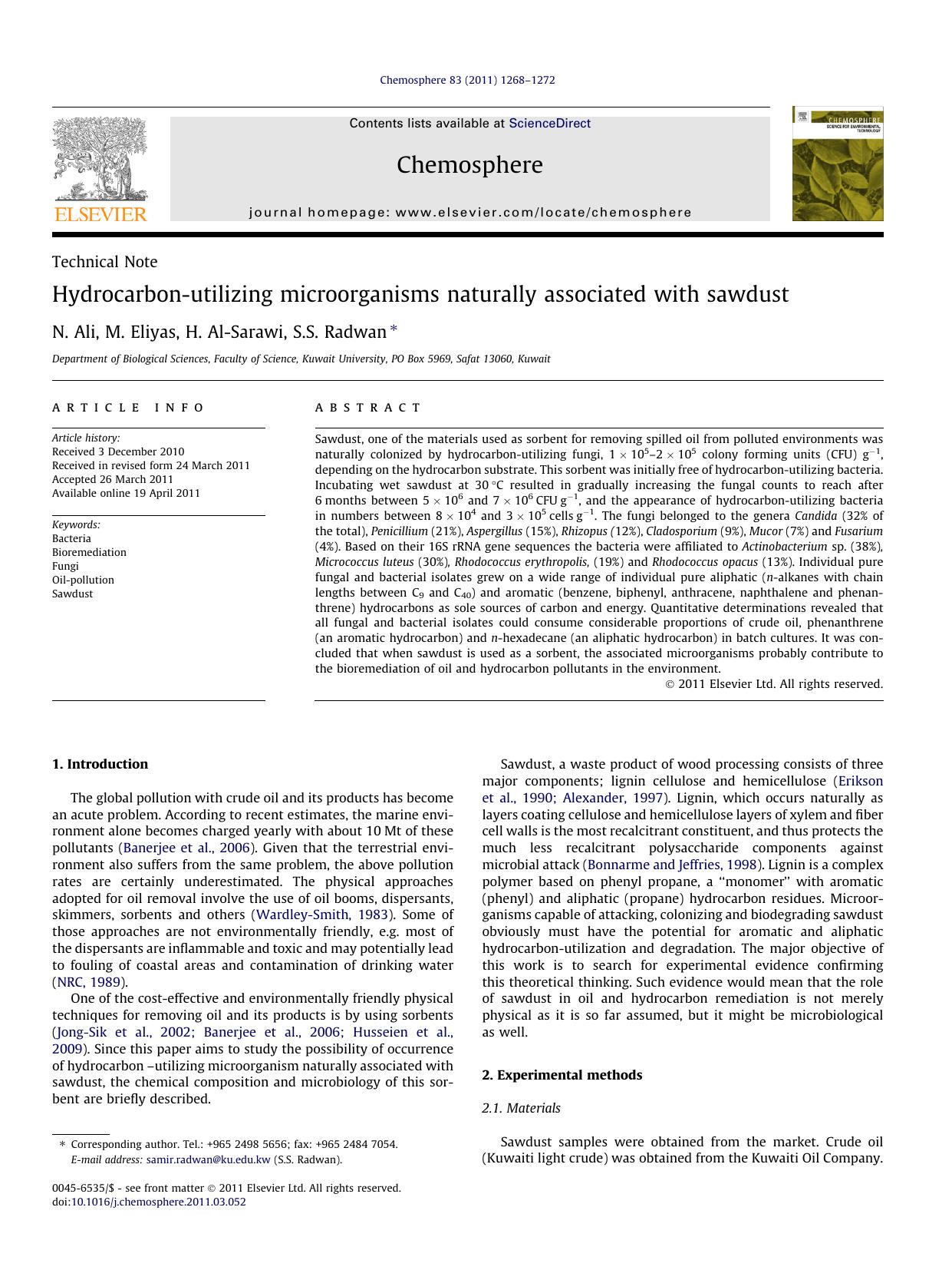 Hydrocarbon-utilizing microorganisms naturally associated with sawdust by N. Ali & M. Eliyas & H. Al-Sarawi & S.S. Radwan