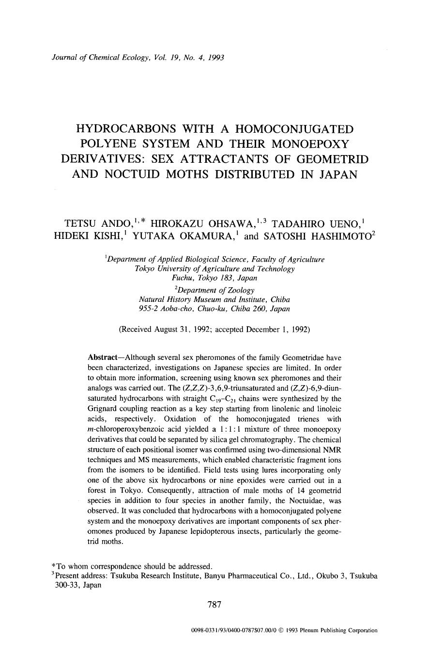 Hydrocarbons with a homoconjugated polyene system and their monoepoxy derivatives: Sex attractants of geometrid and noctuid moths distributed in Japan by Unknown