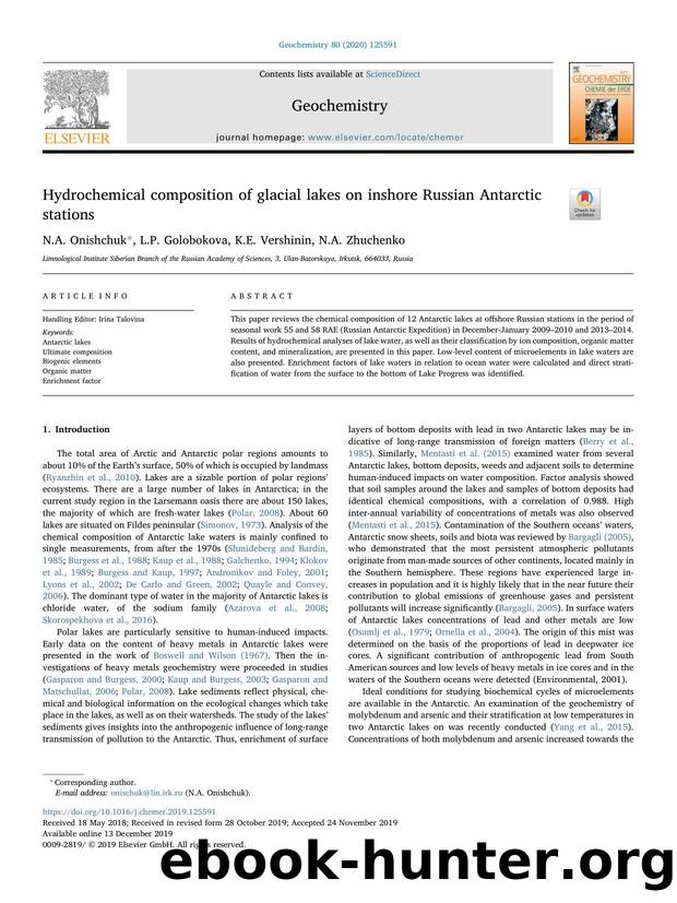 Hydrochemical composition of glacial lakes on inshore Russian Antarctic stations by N.A. Onishchuk & L.P. Golobоkova & K.E. Vershinin & N.A. Zhuchenko