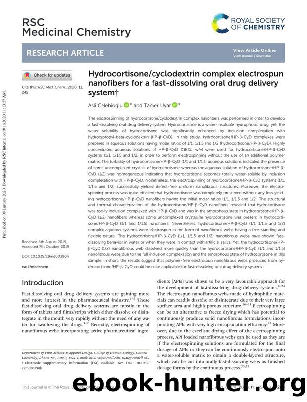 Hydrocortisonecyclodextrin complex electrospun nanofibers for a fast-dissolving oral drug delivery system by Asli Celebioglu & Tamer Uyar