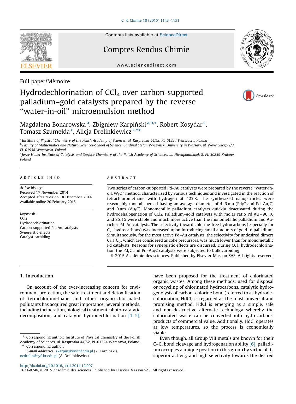 Hydrodechlorination of CCl4 over carbon-supported palladiumâgold catalysts prepared by the reverse âwater-in-oilâ microemulsion method by unknow