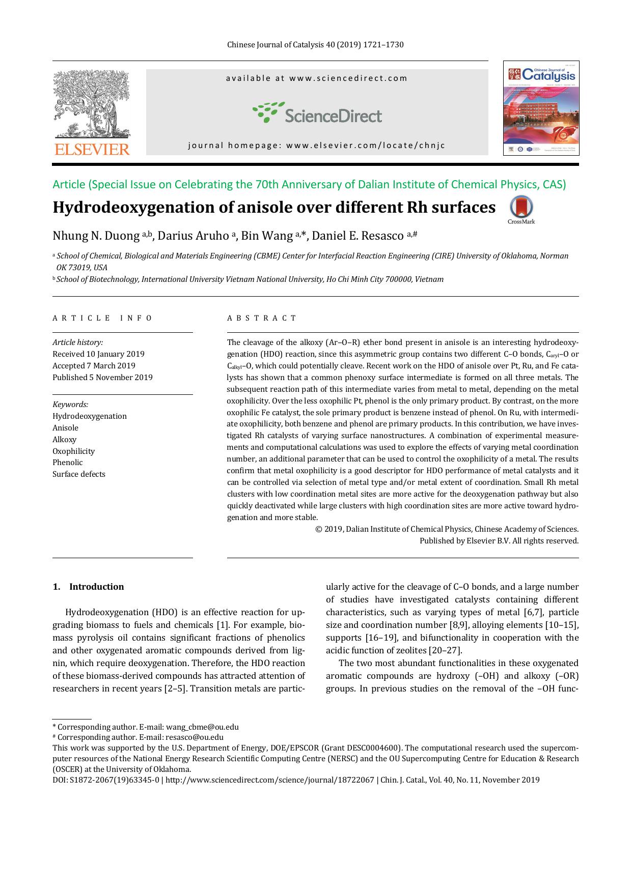 Hydrodeoxygenation of anisole over different Rh surfaces by Nhung N. Duong & Darius Aruho & Bin Wang & Daniel E. Resasco