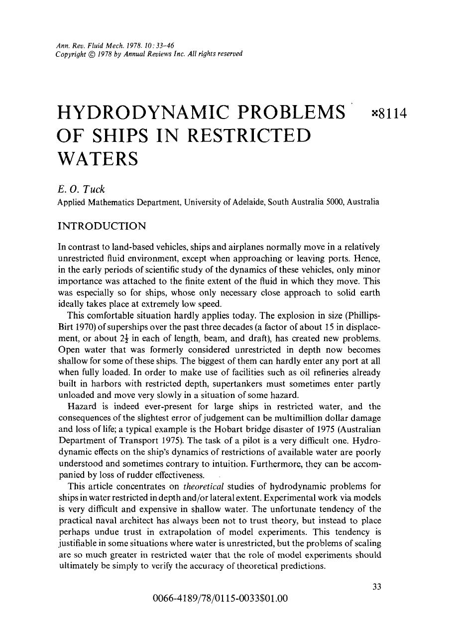 Hydrodynamic Problems of Ships in Restricted Waters by E O Tuck
