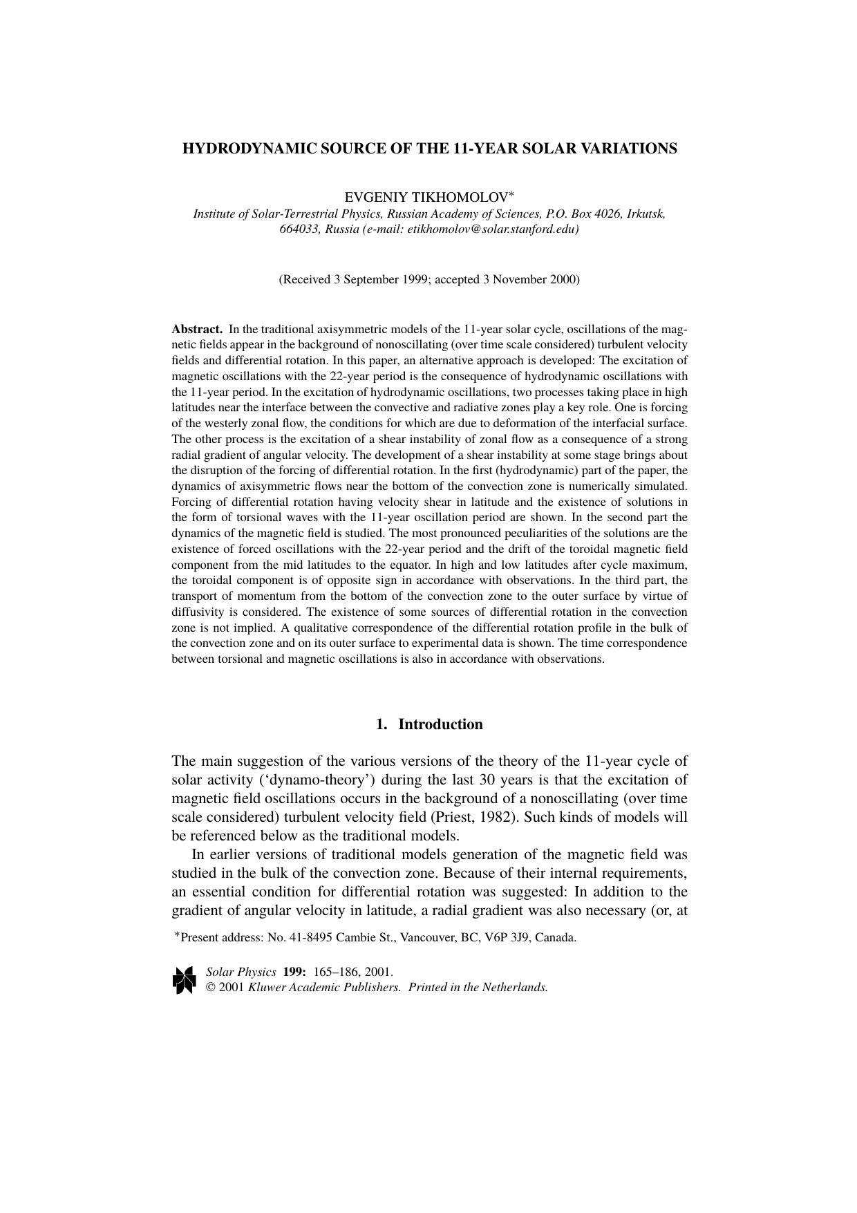 Hydrodynamic Source of the 11-year Solar Variations by Unknown