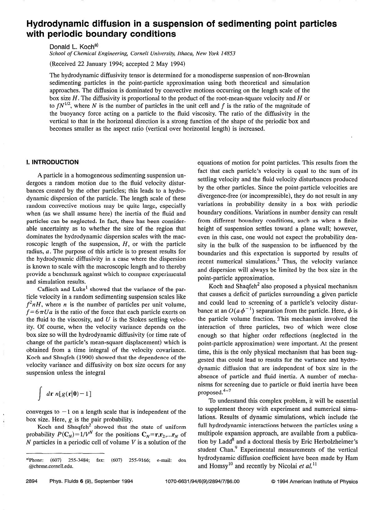 Hydrodynamic diffusion in a suspension of sedimenting point particles with periodic boundary conditions by Donald L. Koch