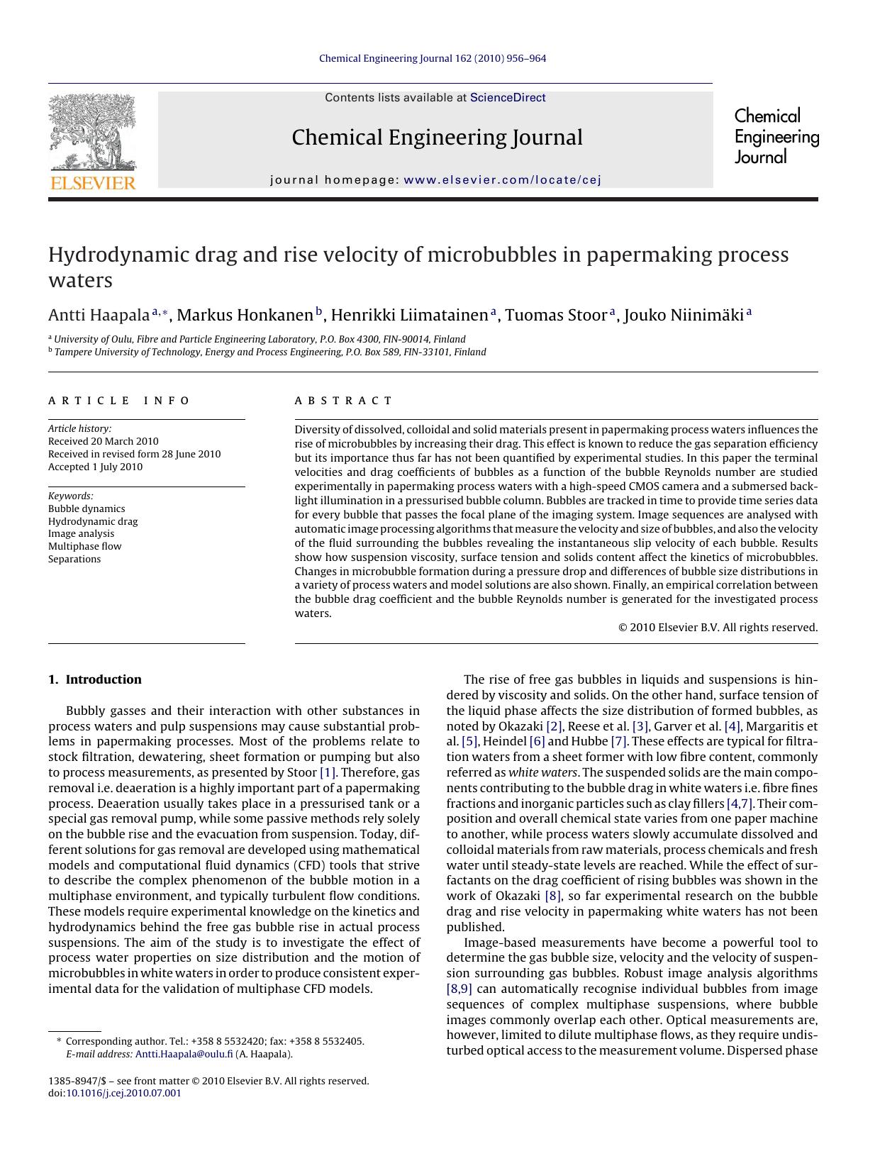 Hydrodynamic drag and rise velocity of microbubbles in papermaking process waters by Antti Haapala