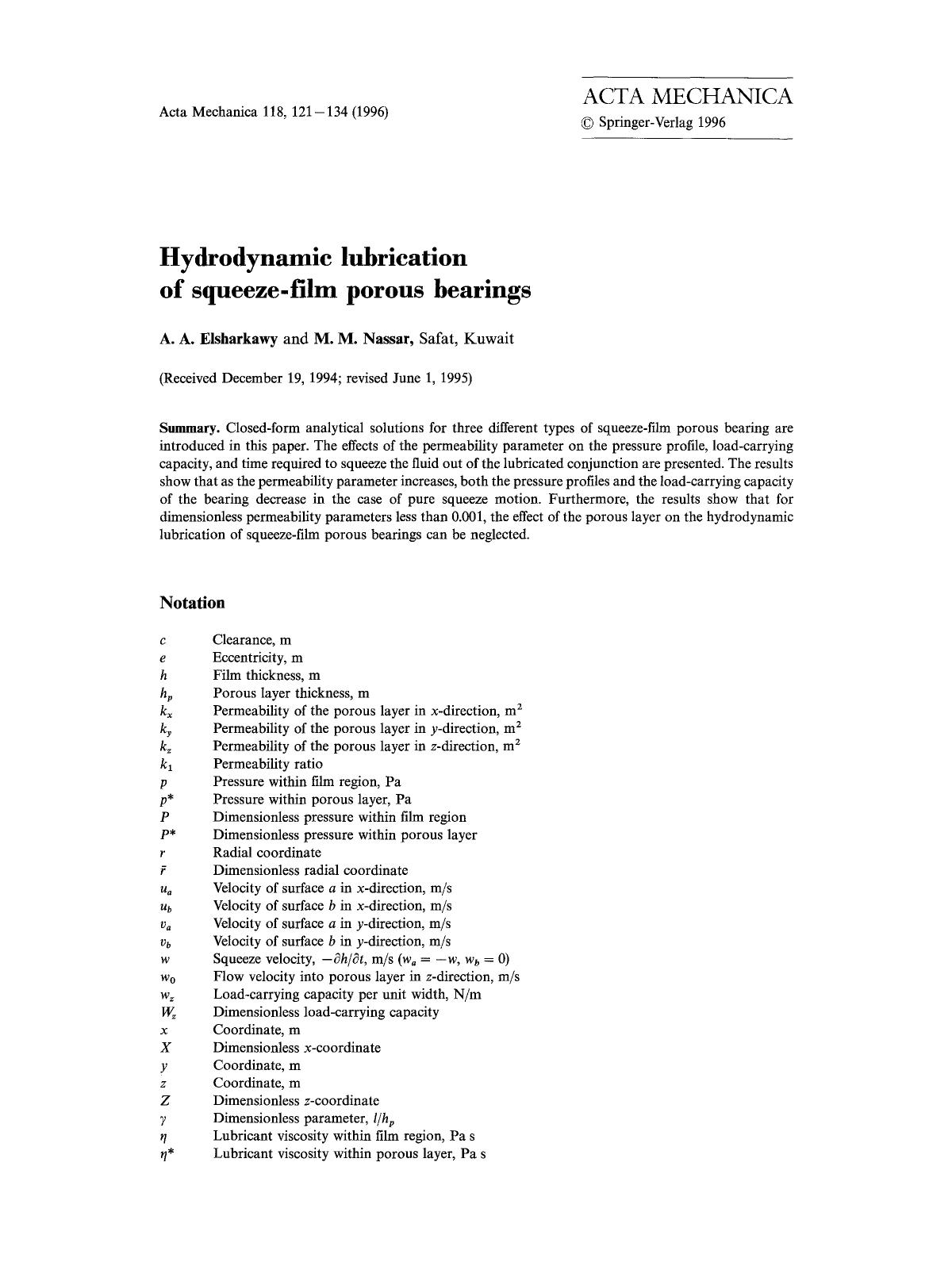 Hydrodynamic lubrication of squeeze-film porous bearings by Unknown