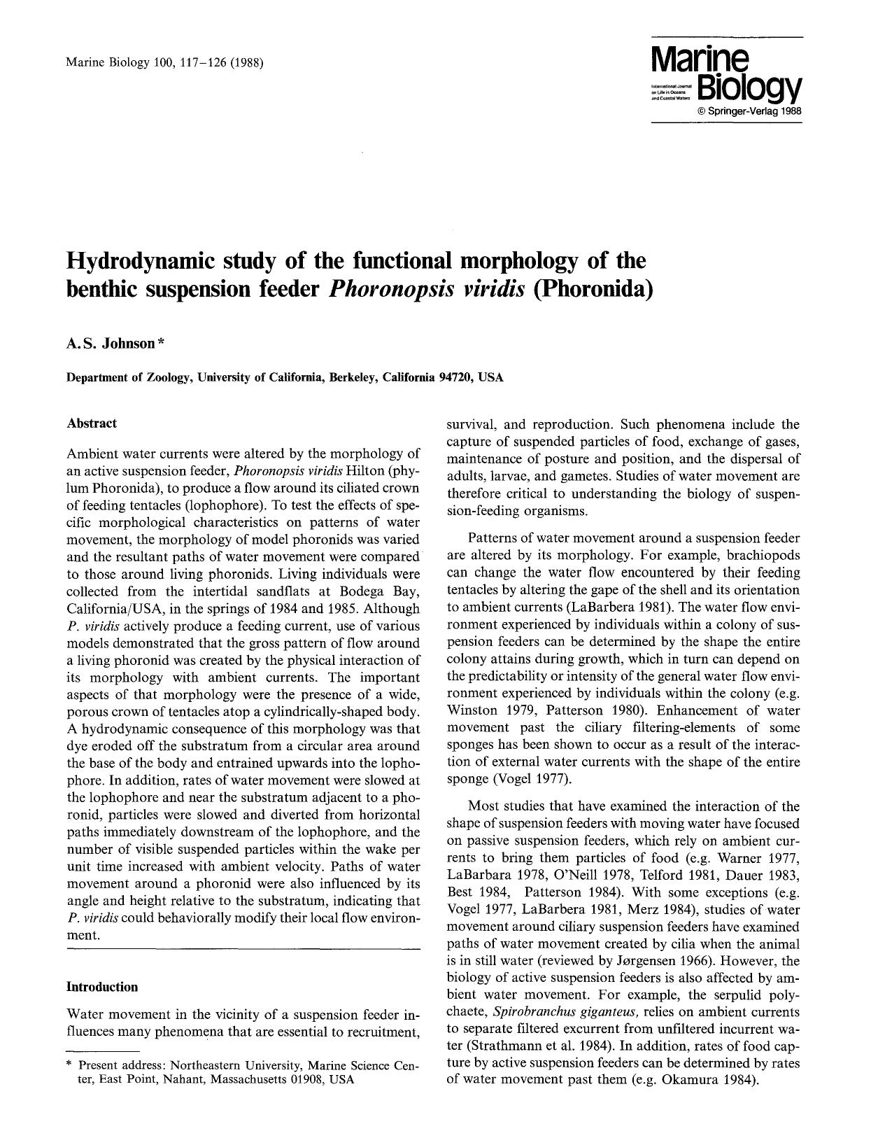 Hydrodynamic study of the functional morphology of the benthic suspension feeder <Emphasis Type="Italic">Phoronopsis viridis<Emphasis> (Phoronida) by Unknown