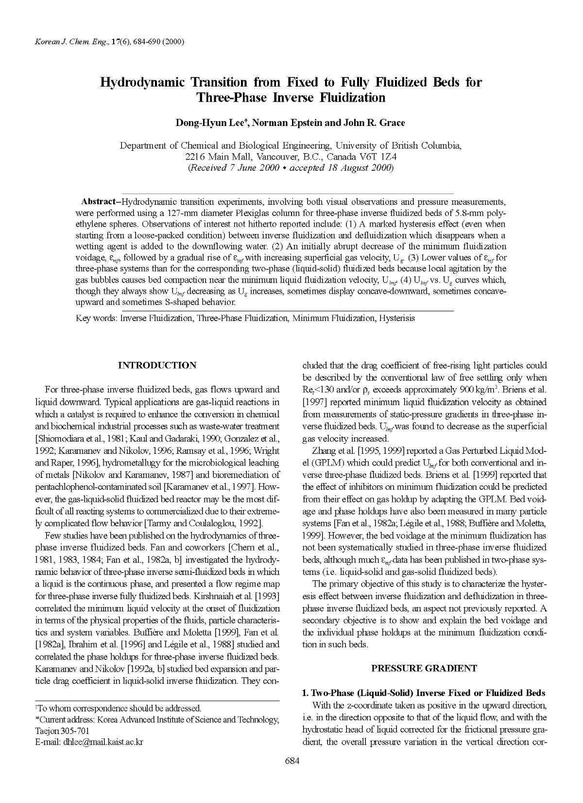 Hydrodynamic transition from fixed to fully fluidized beds for three-phase inverse fluidization by Unknown