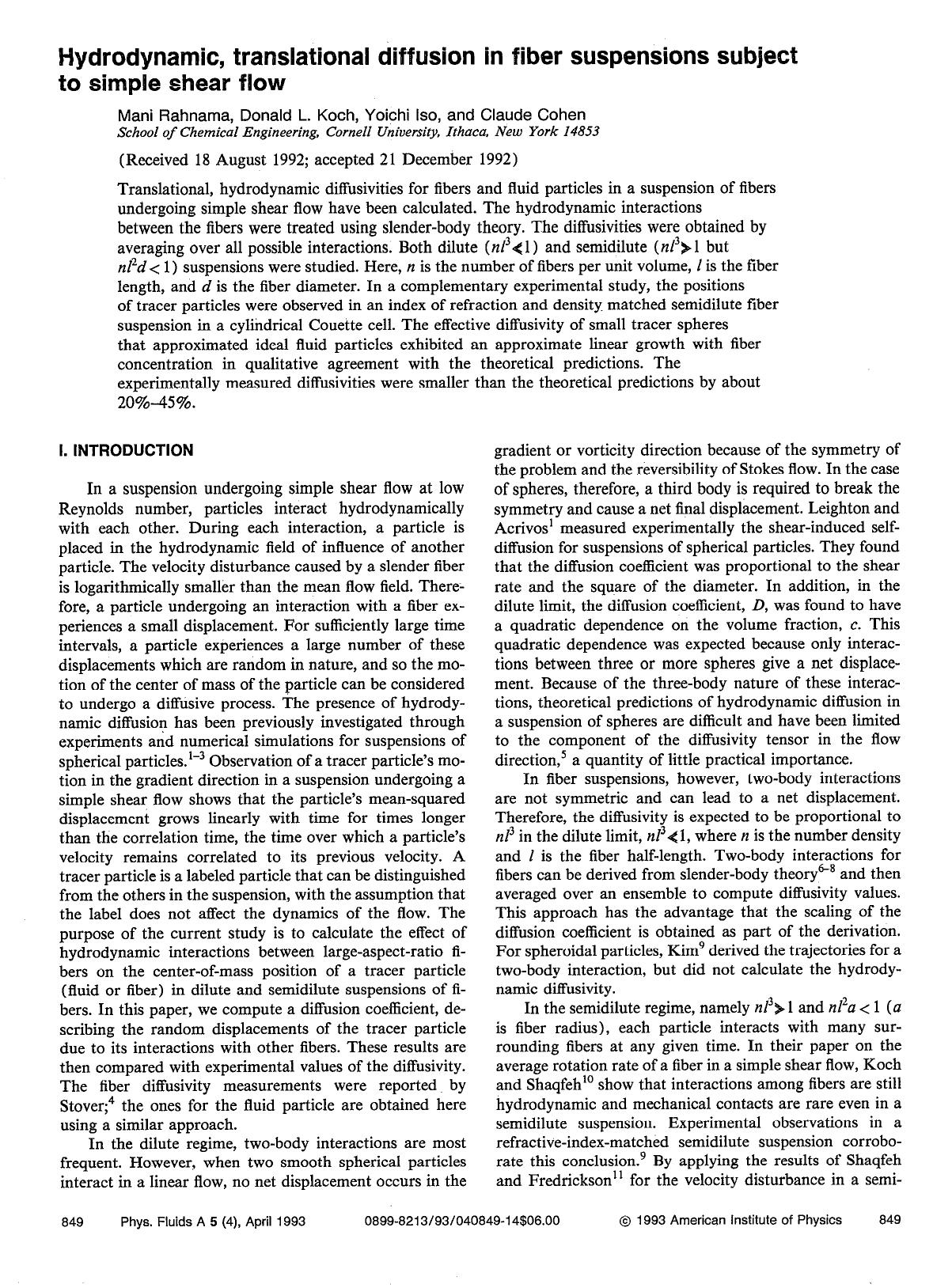 Hydrodynamic, translational diffusion in fiber suspensions subject to simple shear flow by Mani Rahnama; Donald L. Koch; Yoichi Iso; Claude Cohen
