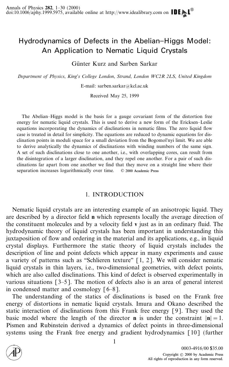 Hydrodynamics of Defects in the Abelian-Higgs Model: An Application to Nematic Liquid Crystals by Kurtz G. et al