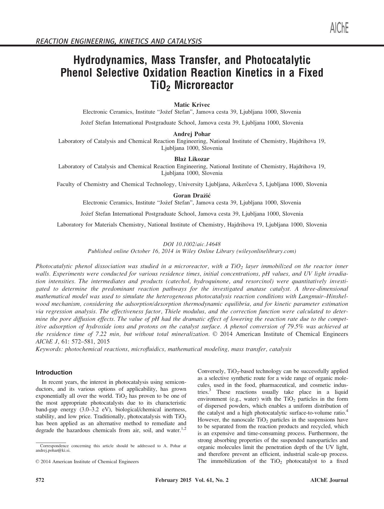Hydrodynamics, Mass Transfer, and Photocatalytic Phenol Selective Oxidation Reaction Kinetics in a Fixed TiO2 Microreactor by Unknown