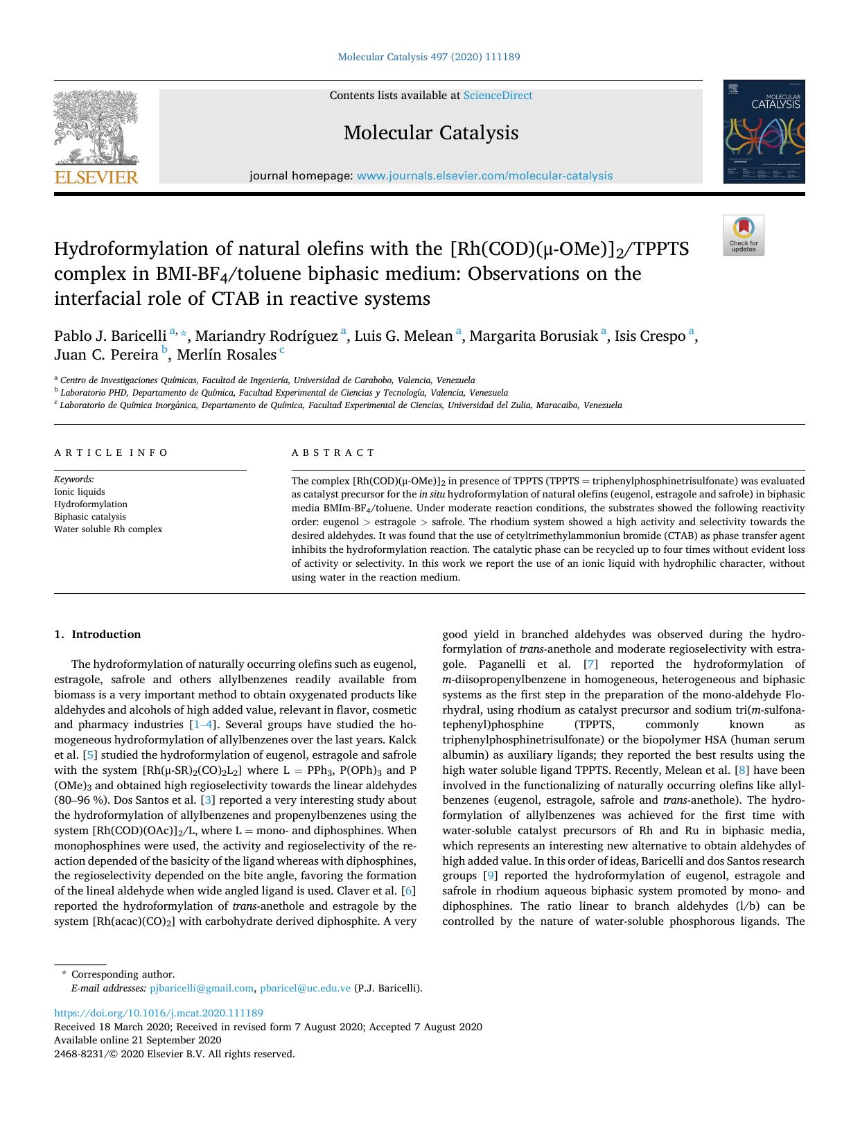 Hydroformylation of natural olefins with the [Rh(COD)(Î¼-OMe)]2TPPTS complex in BMI-BF4toluene biphasic medium: Observations on the interfacial role of CTAB in reactive systems by unknow