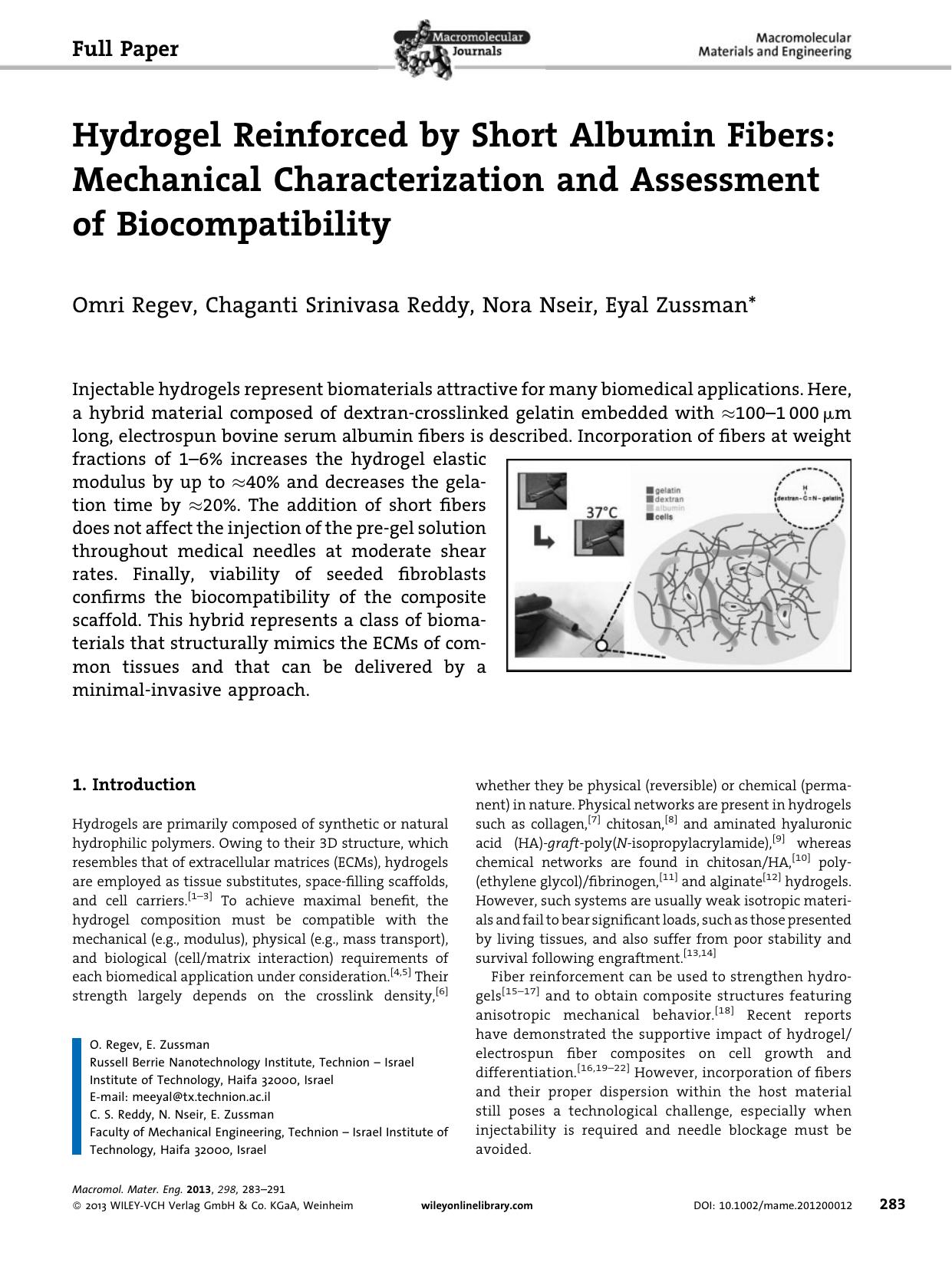 Hydrogel Reinforced by Short Albumin Fibers: Mechanical Characterization and Assessment of Biocompatibility by Unknown